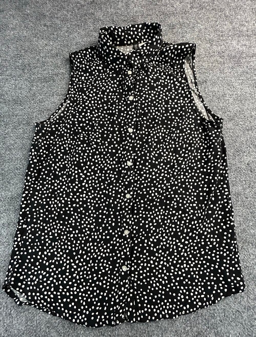 H&M Sleeveless Button Front Blouse Women's Size 8 Black White Polka Dot Top
